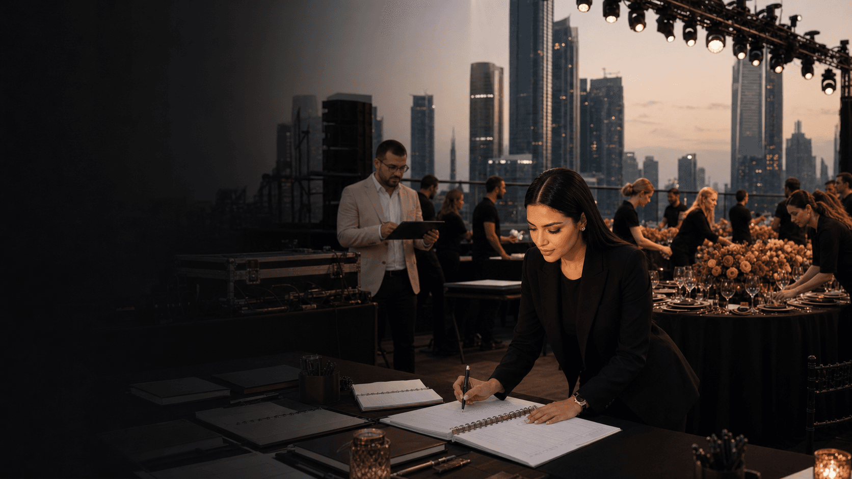 Iman Elshafhie reviewing the event plan while the Maison Iman team prepares a rooftop occasion.