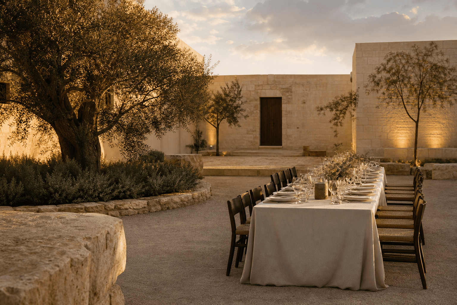 An atmospheric study of a courtyard dinner at golden hour.